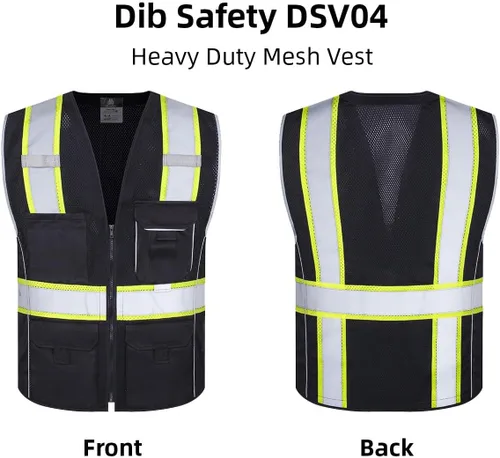 Miniatura 5 de Dib Safety Chaleco reflectante de malla negra, chaleco de alta visibilidad con bolsillos y cremallera, resistente, fabricado con cinta reflectante