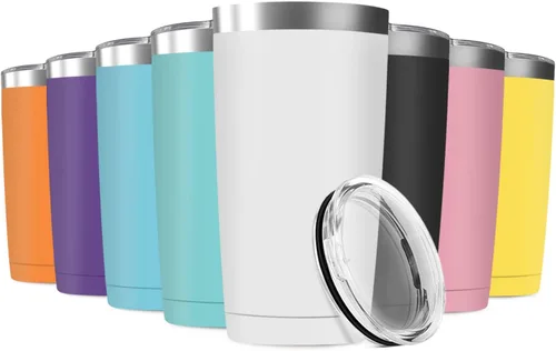Paquete de 8 vasos de viaje de 20 onzas con aislamiento al vacío con tapas, taza de acero inoxidable de doble pared a granel para el hogar, la