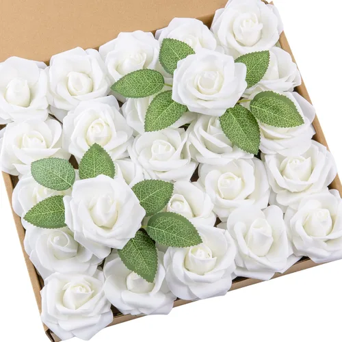 DuHouse 25 rosas artificiales con tallos, flores de espuma de tacto real para bricolaje, ramo de boda, centro de mesa, arreglo floral, fiesta, Blanco