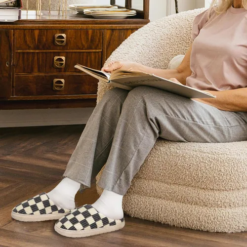 Miniatura 18 de Jaeynow Pantuflas mullidas para mujer en interiores, zapatos de casa unisex de espuma viscoelástica para hombre, zapatos de invierno cálidos
