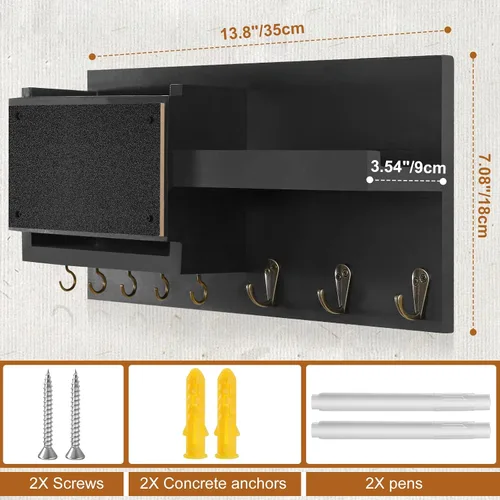 Miniatura 2 de Estante decorativo para colgar llaves con 8 ganchos, fácil de instalar, soporte de madera natural para llaves y correo para montaje en pared