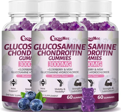 3 paquetes de 3000 mg de gomitas de glucosamina y condroitina, suplemento de apoyo articular de fuerza extra con MSM y saúco, gomitas de