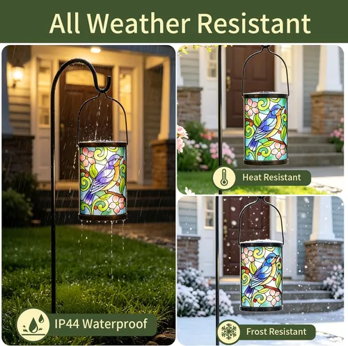 Miniatura 6 de Farol solar para exteriores, impermeable, colgante, luces solares de cristal de pájaro azul, faroles decorativos para exteriores, patio, césped