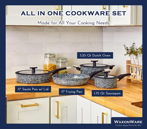 Miniatura 3 de Waxonware Juego de utensilios de cocina antiadherentes, juego de ollas y sartenes de granito antiadherentes, apto para lavavajillas y 100% libre