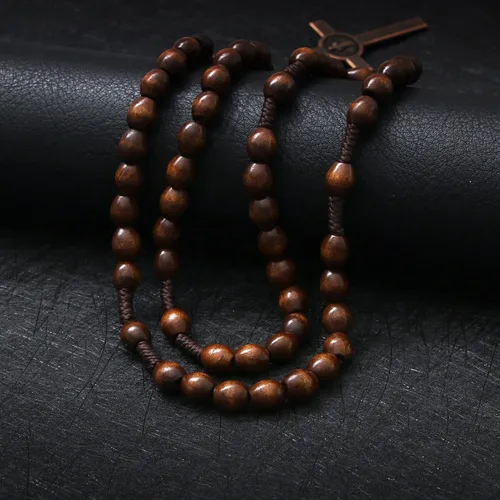 Miniatura 4 de KOMI Rosarios católicos de madera hechos a mano, collar de cuentas de rosario de madera de Belén, medalla de suelo santo y cruz de metal para regalo