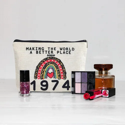 Miniatura 6 de Bolsas de maquillaje para cumpleaños número 50 para mujer, lavado de doble cara, impermeable, de lino, bolsa de viaje para cosméticos, bolsa