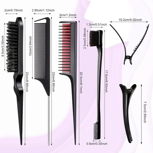 Miniatura 2 de Juego de 8 piezas de peinado para mujeres, niñas y estilistas: cepillo de burlas, cepillo de borde, peine triple, peine de cola de rata con clips