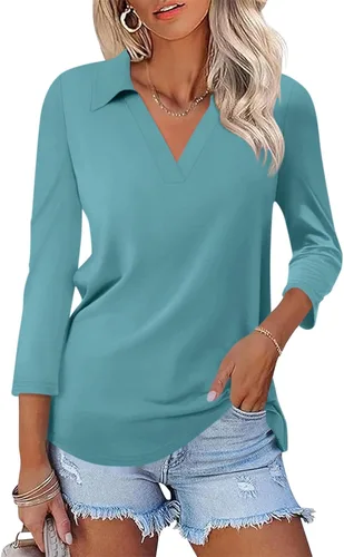 Miniatura 25 de TICTICMISS - Camisas polo de cuello en V para mujer, manga 3/4, con cuello, tops casuales de negocios, tops de verano a la moda, holgados