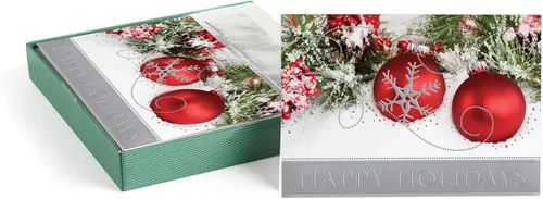 Masterpiece Adorno Navideño Brillante Tarjetas de Navidad / Juego de 16 Tarjetas Navideñas en Caja con Acentos de Papel Aluminio Plateado y Sobres