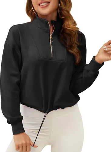 Miniatura 2 de SILKWORLD Sudadera corta con cremallera de un cuarto para mujer, manga larga, cuello alto, cordón ajustable, con bolsillos