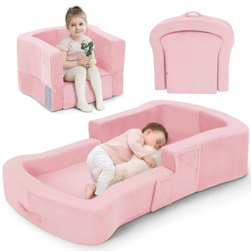 whiffee Cama de viaje para niños pequeños, cama sofá silla portátil plegable 2 en 1, catre de piso suave para bebés y niños con fundas lavables, Rosa