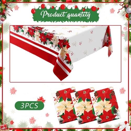 Miniatura 3 de Juego de manteles de plástico de 3 piezas, patrón de flor de pascua, rojo, rectangular y ovalado, desechable, resistente a las manchas