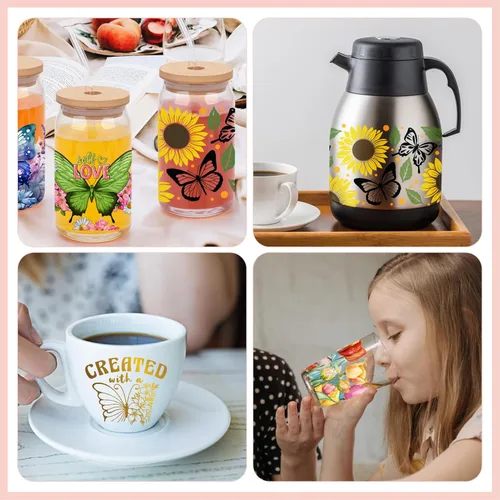 Miniatura 7 de Envolturas de vasos UV DTF para vasos de vidrio de 16 onzas, 10 hojas de transferencias frotables para manualidades, calcomanías adhesivas