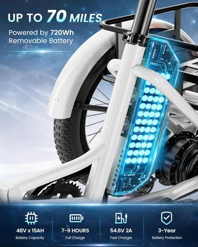 Miniatura 4 de MOONCOOL Triciclo eléctrico para adultos, 500 W/750 W 48 V, triciclo eléctrico plegable de potencia máxima 1100 W, neumático grueso de 20 x 3.0