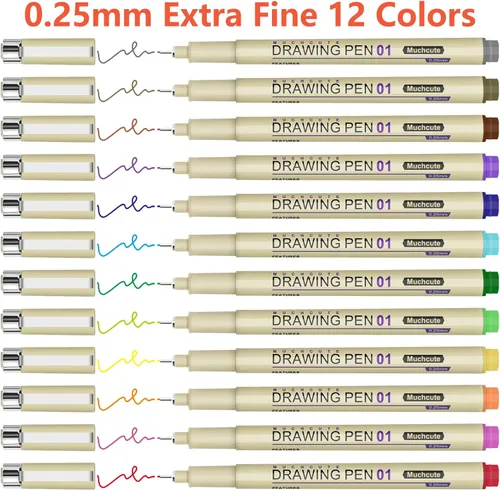 Miniatura 2 de Muchcute 01 Micro Fineliner Dibujo Arte Bolígrafos: 12 Colores 0.25mm Punta Extra Fina Biblia Sin Sangría Diario Zentangle Suministros de Estudio