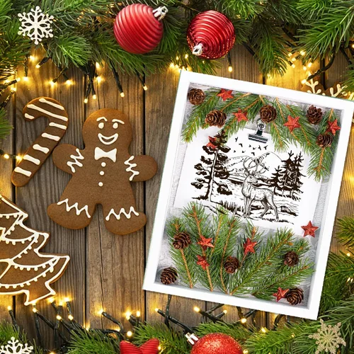 Miniatura 6 de INFUNLY Sellos y troqueles de bosque navideño para hacer tarjetas, sellos y troqueles de ciervo de Navidad, plantillas de ciervo para hacer