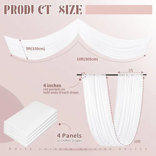 Miniatura 2 de 4 paneles de cortinas blancas para techo de boda, cortinas de techo de 5 x 10 pies, cortinas de tela transparente para arco de boda, cortinas