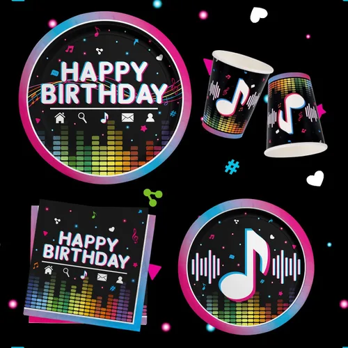 Miniatura 5 de Suministros para fiestas musicales, platos de papel desechables, servilletas, vasos, mantel y pancarta para niñas y niños, decoración de cumpleaños