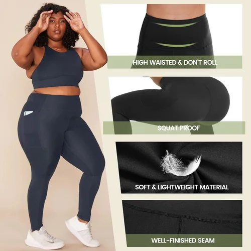 Miniatura 2 de HLTPRO Paquete de 3 leggings de talla grande con bolsillos para mujer, color negro, cintura alta, control de abdomen, pantalones de yoga suaves