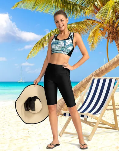 Miniatura 2 de SANTINY Pantalones cortos de natación de cintura alta de 812 pulgadas para mujer con bolsillos, UPF50+ pantalones cortos de natación largos