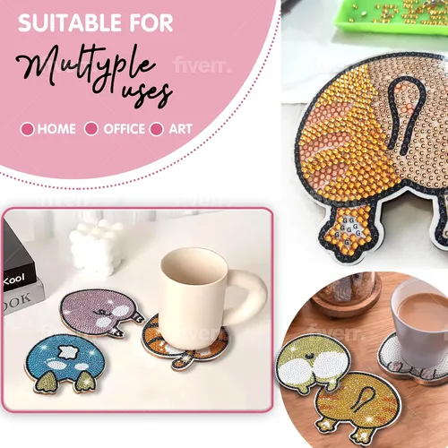 Miniatura 6 de 6 piezas de posavasos de pintura de diamante Posavasos de arte de diamante Pintura de arte de diamante de trasero de animal Regalo de arte