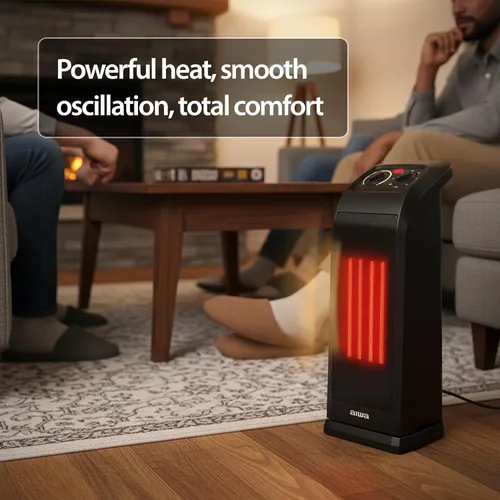Miniatura 7 de Aiwa Calentador de espacio de cerámica, 1500 W, 18 pulgadas, calentador eléctrico oscilante de 60° para interiores, modos alto/bajo/ventilador