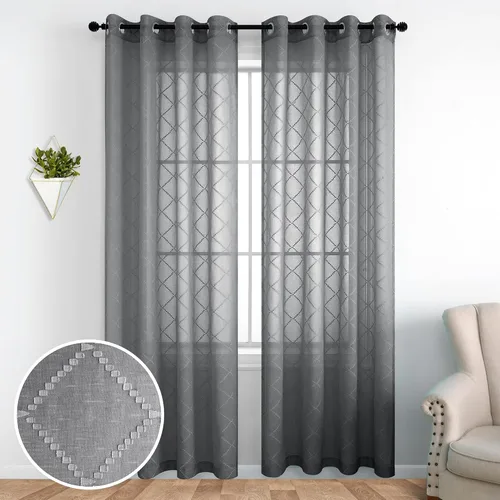 Miniatura 25 de KOUFALL Cortinas negras de 63 pulgadas de largo para dormitorio, juego de 2 paneles transparentes con ojales para ventana, cortinas geométricas