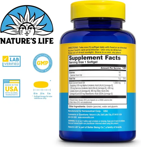 Miniatura 2 de Nature's Life Aceite de semilla de grosella negra 1000 mg con omega-3 ALA, Omega-6 GLA y ácido estearidónico 60