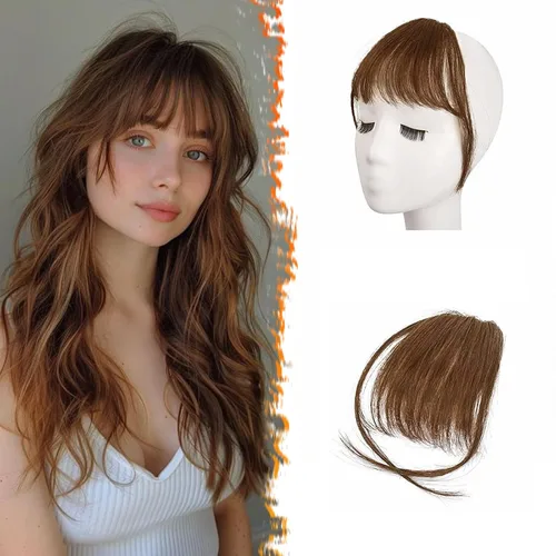 Miniatura 17 de BARSDAR Flequillo postizo de pelo humano real - Flequillo postizo 100% pelo humano para mujeres - Extensiones de flequillo ondulado castaño rojizo