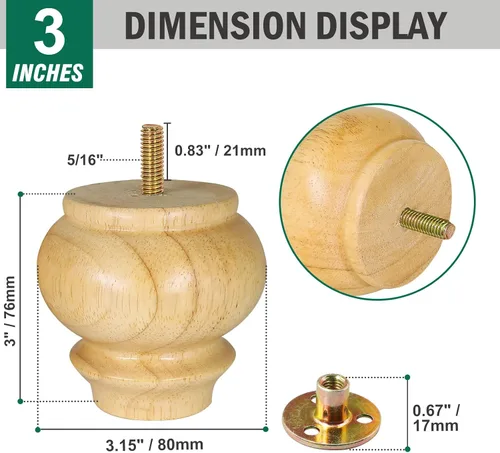 Miniatura 5 de FoDau770 Patas de madera de goma para muebles de 2.4 pulgadas, patas de sofá modernas de mediados de siglo, patas de sofá resistentes, patas de Negro