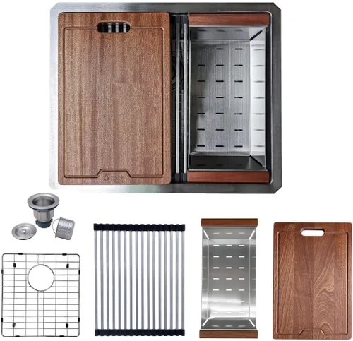 Miniatura 12 de ZEEK Fregadero de cocina con estación de trabajo de doble cuenco de montaje inferior 32 con accesorios, calibre 16, acero inoxidable 50/50 tazón