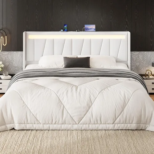 Miniatura 11 de SHA CERLIN - Base de cama Queen con estación de carga y luces LED, cama moderna de plataforma de terciopelo con cabecero tapizado geométrico,