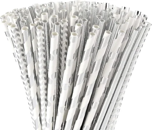 ALINK Pajitas de papel de aluminio plateado a granel, paquete de 100 popotes metálicos a rayas, ondas, puntos para cumpleaños, bodas, novias/baby