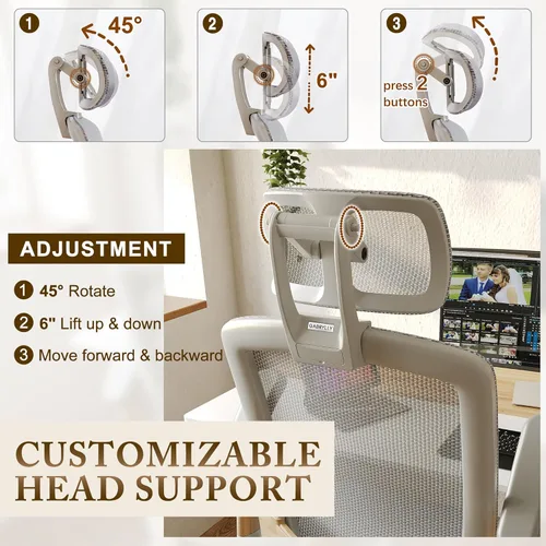 Miniatura 5 de GABRYLLY Silla de oficina ergonómica, Silla de escritorio de casa de respaldo alto con brazos abatibles, reposacabezas, inclinación de 90-120°