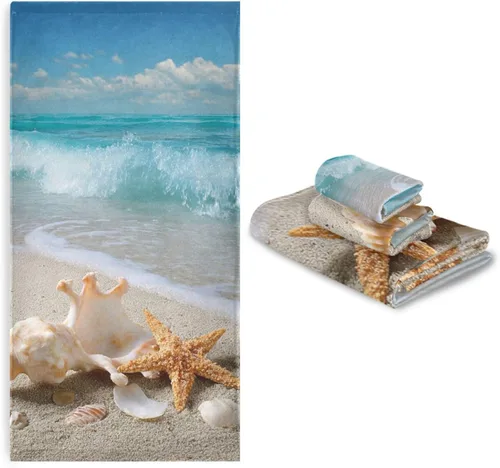 Miniatura 5 de Vdsrup Juego de 3 toallas de mano con diseño de estrella de mar y océano de playa, toalla de baño de cielo azul, toalla suave y fina para invitados