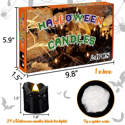 Miniatura 3 de 24 velas de decoración de Halloween para interiores, velas de té negra: velas LED sin llama, funciona con pilas, decoración de mesa con telarañas