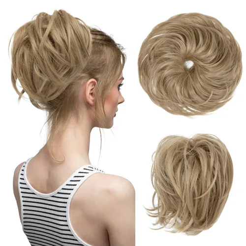 Miniatura 7 de CJL HAIR - Extensión de cabello tipo coletero de chongo desordenado, rizado, sintético, con colas rectas, scrunchies para peinados de moño