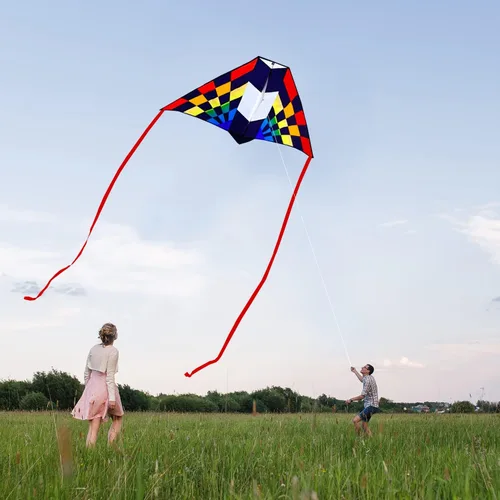 Miniatura 3 de HONBO Cometa Delta grande para niños y adultos, extremadamente fácil de volar para viajes a la playa, línea de cuerda incluida, con cola colorida