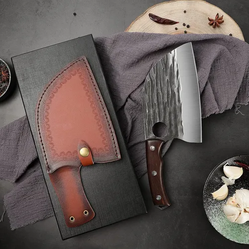Miniatura 8 de ROCOCO Cuchillo de chef serbio de 6.5 pulgadas, cuchillo de carnicero japonés de espiga completa para deshuesar, cortar, cuchillo vikingo con funda