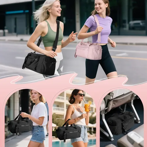 Miniatura 6 de Pequeña bolsa de gimnasio para mujer, bolsa de viaje con compartimento impermeable, bolsa de transporte para el fin de semana para deportes