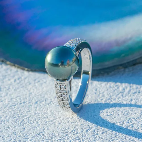 Miniatura 2 de Anillo de perlas negras de Tahití de calidad AAA, perla cultivada natural del mar del sur, 0.36 cttw moissanita, anillos de plata esterlina S925
