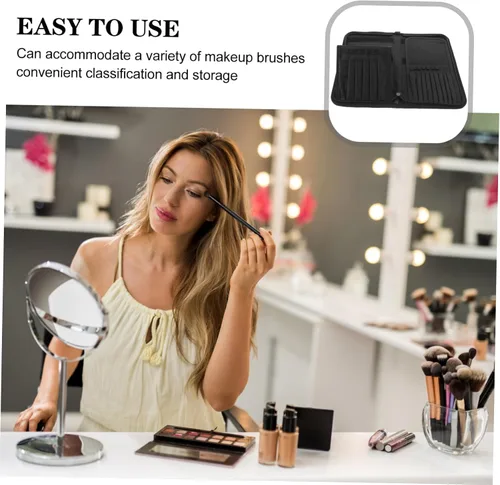 Miniatura 6 de DOITOOL Elegante soporte para brochas de maquillaje de lona, organizador de 15 bolsillos para cosméticos ordenados, negro, 11.8 x 11.0 in