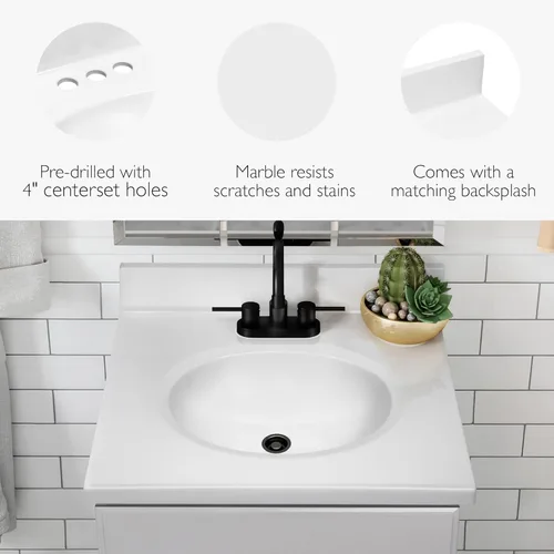 Miniatura 6 de Design House Tapa de tocador con lavabo, protector contra salpicaduras de 4 pulgadas, mármol cultivado, resistente a las manchas, agujeros Blanco