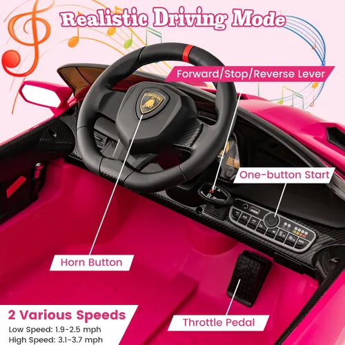Miniatura 2 de Costzon - Automóvil de paseo rosa Lamborghini para niños, vehículo eléctrico con licencia de 12 V con tracción en las cuatro ruedas, control remoto