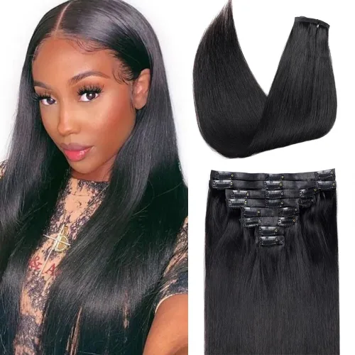 Miniatura 51 de Extensiones de cabello humano real con clip, 8 unidades, cabello humano Remy liso de seda suave natural, 4.23 oz, 20 pulgadas, negro natural #1B, 8