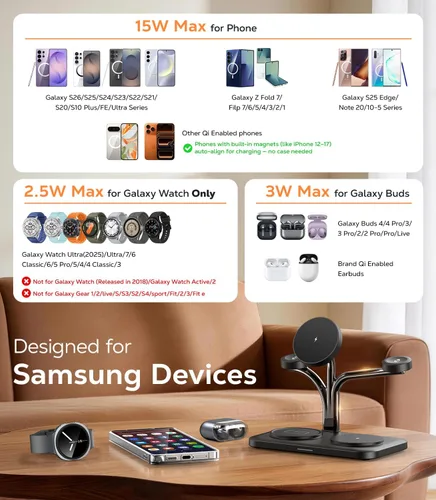 Miniatura 3 de Meifigno Estación de carga magnética 5 en 1 de 45 W para Samsung, soporte de cargador inalámbrico para teléfono dual y Galaxy Watch, cargador rápido