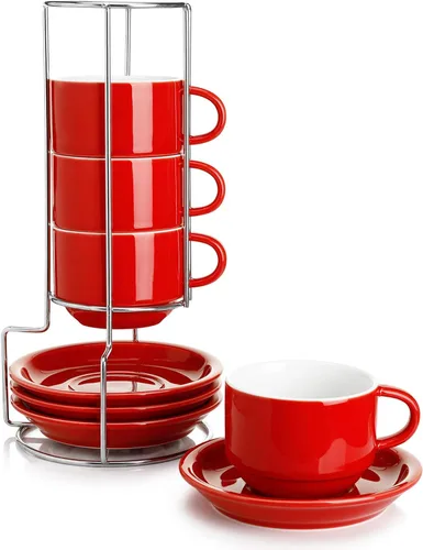 Sweese Tazas apilables de porcelana para capuchino de 8 onzas con platillos y soporte de metal, para bebidas de café especiales, capuchino, café con