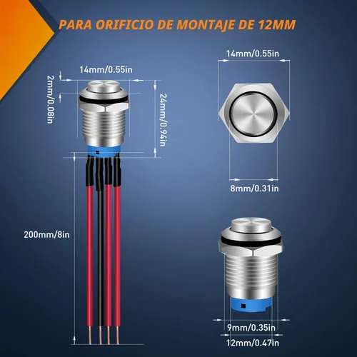 Miniatura 2 de Nilight Interruptor de botón de 0.472 in, 5 unidades con arnés precableado de acero inoxidable de 12 V 24 V, bloqueo automático, interruptores 5