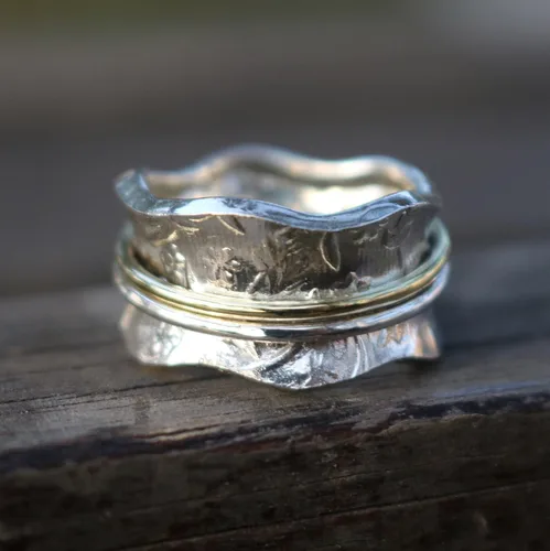 Miniatura 3 de ENERGY STONE Anillo giratorio de plata de ley 925 para meditación de prado para mujer con giratorios redondeados de latón y plata (estilo US04)