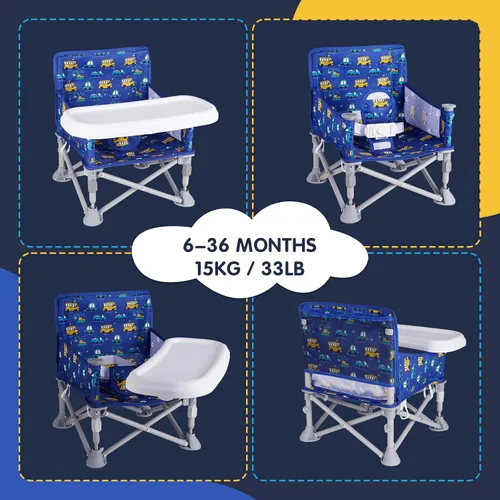 Miniatura 4 de Silla de bebé portátil, asiento elevador plegable con bandeja para mesa de comedor, silla de camping compacta para césped, playa, viajes, bebés de 6